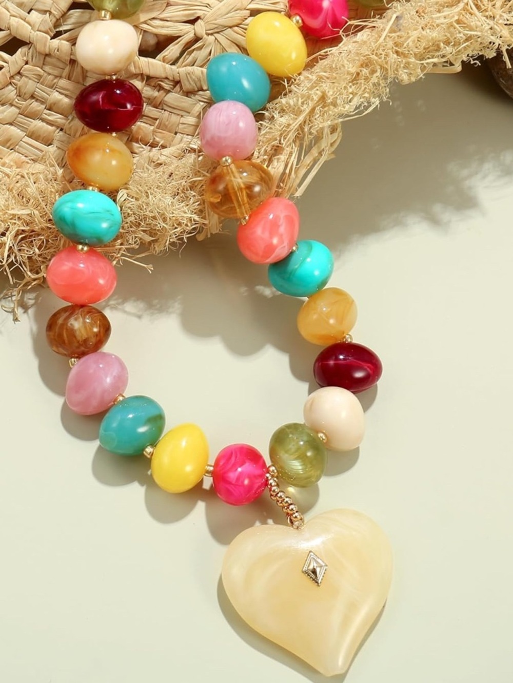 NEW! Multicolor Dopamine Beaded Heart Pendant Necklace